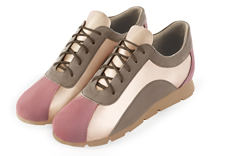 Dusty rose pink, gold and taupe brown women's three-tone elegant sneakers. Round toe. Flat rubber soles. Front view - Florence KOOIJMAN